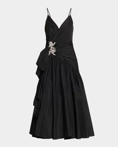 Cinq À Sept Ellette Draped Midi Dress With Crystal Accent In Black