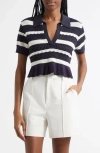 Cinq À Sept Elvire Open Stitch Peplum Polo Knit Top In Multi