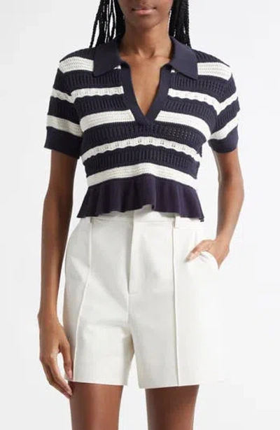 Cinq À Sept Elvire Open Stitch Peplum Polo Knit Top In Multi