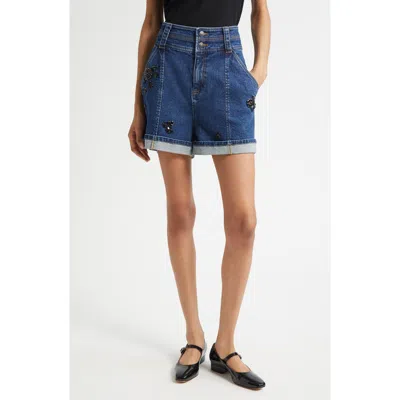 Cinq À Sept Embellished Cuffed Denim Shorts In Blue
