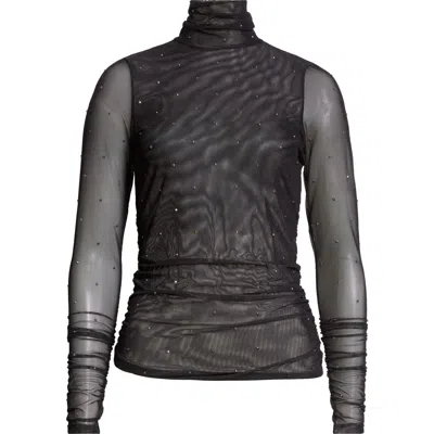 Cinq À Sept Embellished Mesh Turtleneck Top In Black/silver