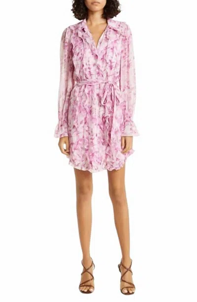 Cinq À Sept Estelle Tie-belt Monochrome Floral Ruffle Mini Dress In Vibrant Plum In Pink