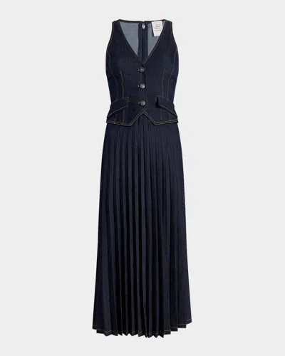 Cinq À Sept Esther Pleated Denim Midi Dress In Purple