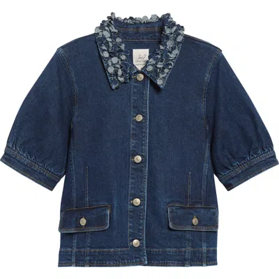 Cinq À Sept Ethel Petal Collar Short Sleeve Denim Jacket In Blue