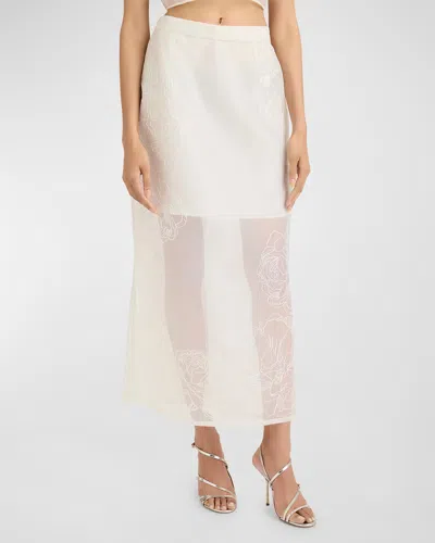 Cinq À Sept Etta Floral-embroidered Sheer Midi Skirt In Ivory