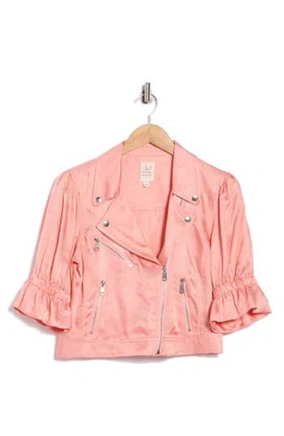 Cinq À Sept Everlee Ruffle Crop Moto Jacket In Pink