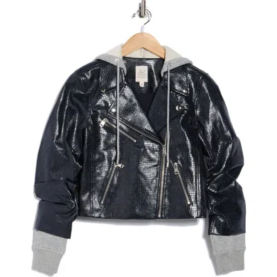 Cinq À Sept Evie Snakeprint Embossed Mixed Media Faux Leather Moto Jacket In Black