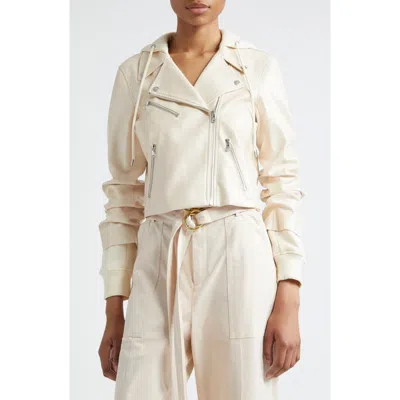 Cinq À Sept Evie Snakeprint Embossed Mixed Media Faux Leather Moto Jacket In Gardenia