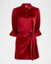 Cinq À Sept Fabbie Draped Mini Silk Shirtdress In Red