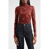 Cinq À Sept Falling Poppies Mesh Turtleneck Top In Rhubarb Multi