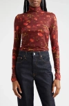 Cinq À Sept Falling Poppies Mesh Turtleneck Top In Rhubarb Multi