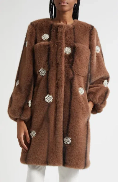Cinq À Sept Faux Pearl & Crystal Detail Faux Fur Coat In Brown