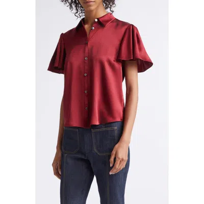Cinq À Sept Fiona Flutter Sleeve Silk Satin Button-up Shirt In Burgundy
