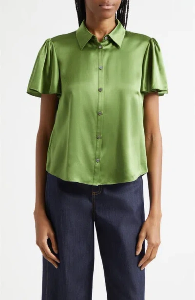 Cinq À Sept Fiona Flutter Sleeve Silk Satin Button-up Shirt In Green