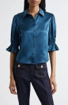 Cinq À Sept Fiona Ruffle Cuff Silk Button-up Shirt In Blue