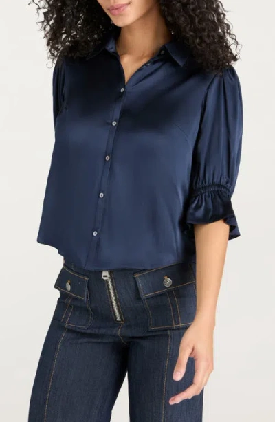 Cinq À Sept Fiona Ruffle Cuff Silk Button-up Shirt In Blue