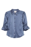 Cinq À Sept Fiona Ruffle Cuff Silk Button-up Shirt In Blue