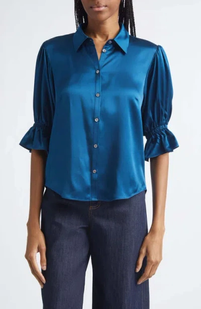 Cinq À Sept Fiona Ruffle Cuff Silk Button-up Shirt In Blue