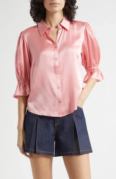 Cinq À Sept Fiona Ruffle Cuff Silk Button-up Shirt In Pink