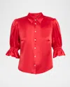 Cinq À Sept Fiona Silk Satin Short-sleeve Top In Red