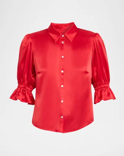 Cinq À Sept Fiona Silk Satin Short-sleeve Top In Red