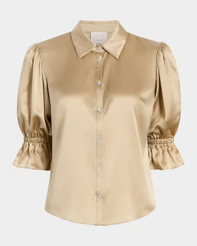 Cinq À Sept Fiona Silk Satin Short-sleeve Top In Khaki