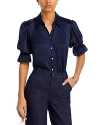 Cinq À Sept Fiona Ruffle Cuff Silk Button-up Shirt In Navy
