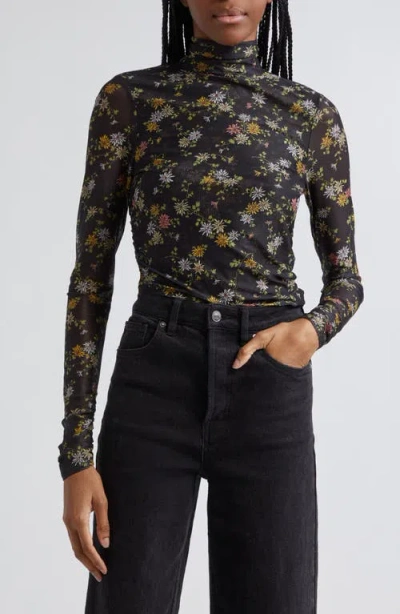 Cinq À Sept Floating Daisies Shirred Mesh Mock Neck Top In Black Multi