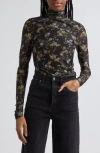 Cinq À Sept Floating Daisies Shirred Mesh Mock Neck Top In Black Multi