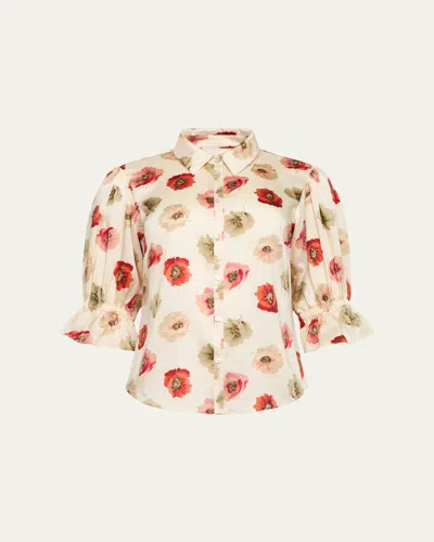Cinq À Sept Floating Poppies Puff-sleeve Silk Shirt In Multi
