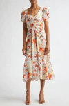 Cinq À Sept Ximena Draped Floral Puff-sleeve V-neck Midi Dress In Ivory Multi