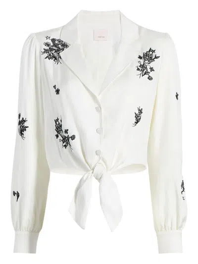 CINQ À SEPT FLORAL-EMBROIDERED TIE-FRONT TOP