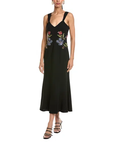 Cinq À Sept Floral Mixed Media Andre Midi Dress In Black Multi