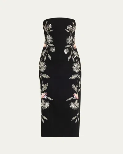 Cinq À Sept Floral Mixed Media Niles Strapless Dress In Black