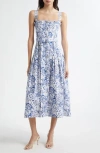 Cinq À Sept Floral Print A-line Dress In White/dark Cerulean