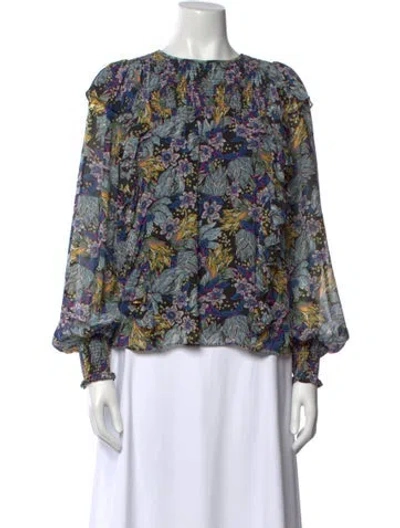 Pre-owned Cinq À Sept Floral Print Bateau Neckline Blouse In Blue