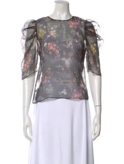 Pre-owned Cinq À Sept Floral Print Crew Neck Blouse In Black