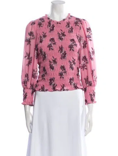 Pre-owned Cinq À Sept Floral Print Crew Neck Blouse In Pink