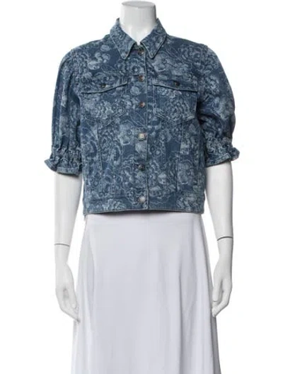 Pre-owned Cinq À Sept Floral Print Denim Jacket In Blue/white