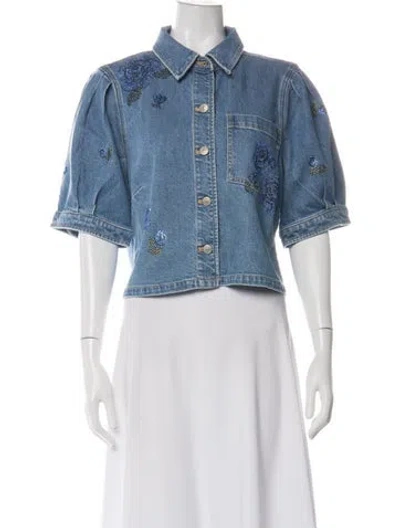 Pre-owned Cinq À Sept Floral Print Denim Jacket W/ Tags In Blue