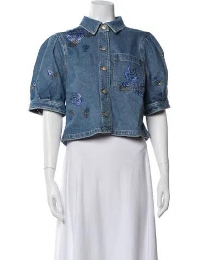 Pre-owned Cinq À Sept Floral Print Denim Jacket W/ Tags In Blue