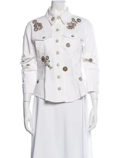 Pre-owned Cinq À Sept Floral Print Denim Jacket In White