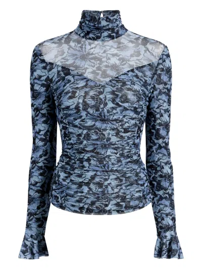 Cinq À Sept Floral-print High-neck Top In Blue