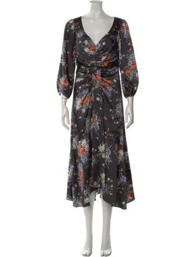 Pre-owned Cinq À Sept Floral Print Long Dress In Gray