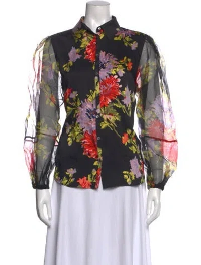 Pre-owned Cinq À Sept Floral Print Long Sleeve Blouse In Black