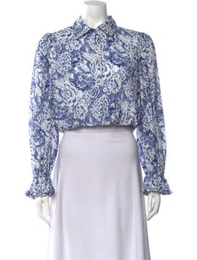 Pre-owned Cinq À Sept Floral Print Long Sleeve Blouse In Blue/white