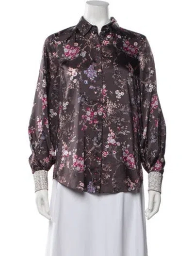Pre-owned Cinq À Sept Floral Print Long Sleeve Blouse In Grey