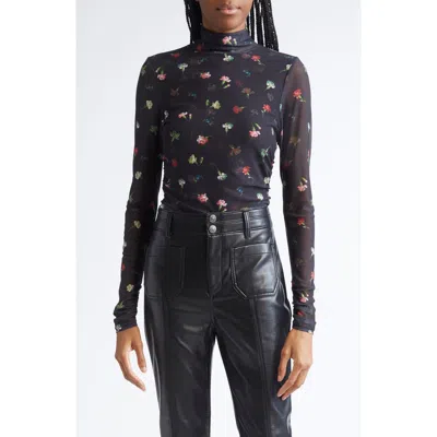 Cinq À Sept Floral Print Mesh Mock Neck Shirt In Multi