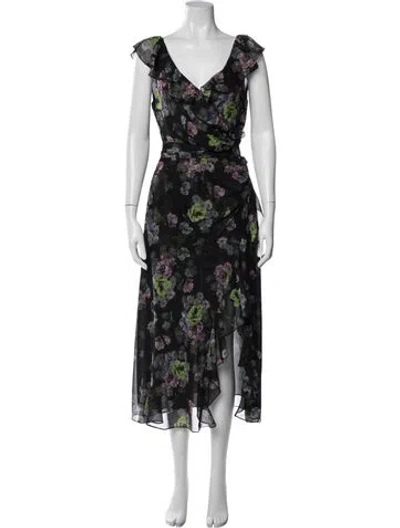 Pre-owned Cinq À Sept Floral Print Midi Length Dress In Black