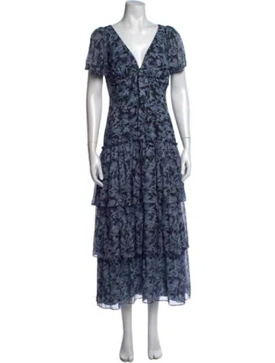 Pre-owned Cinq À Sept Floral Print Midi Length Dress In Blue